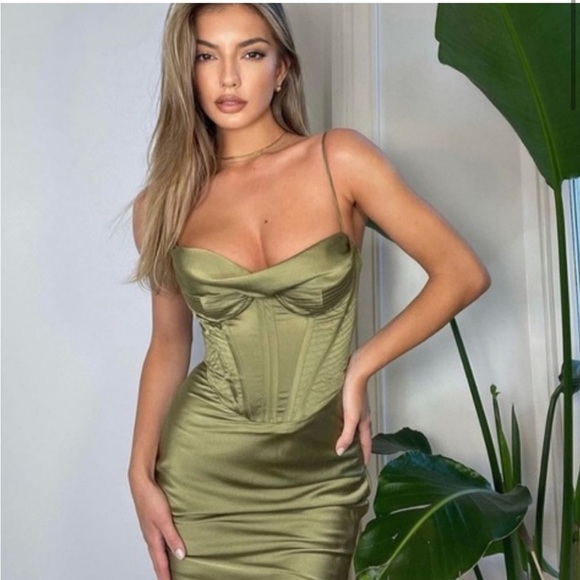 House of CB Myrna Satin Corset Slip Dress Olive Coquette Baddie Cocktail size L - Picture 16 of 16